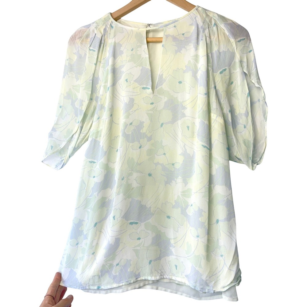 Leith Anthropologie Floral Pastel V-Neck Blouse Mint Green Fairycore Chiffon